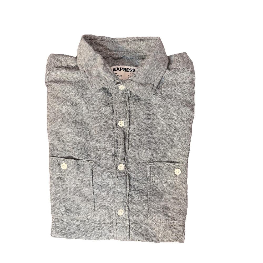 Express Men's M Slim Fit Soft Wash Button Up Short Sleeve Shirt Gray